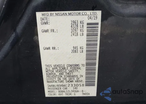 2019 Nissan Altima 2.5 Sl from USA, damaged, VIN 1N4BL4EV6KC233058